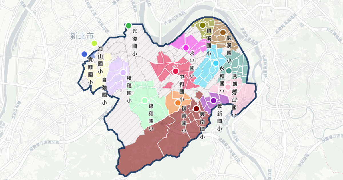 中和永和學區地圖,16 個國小學區顏色分區
